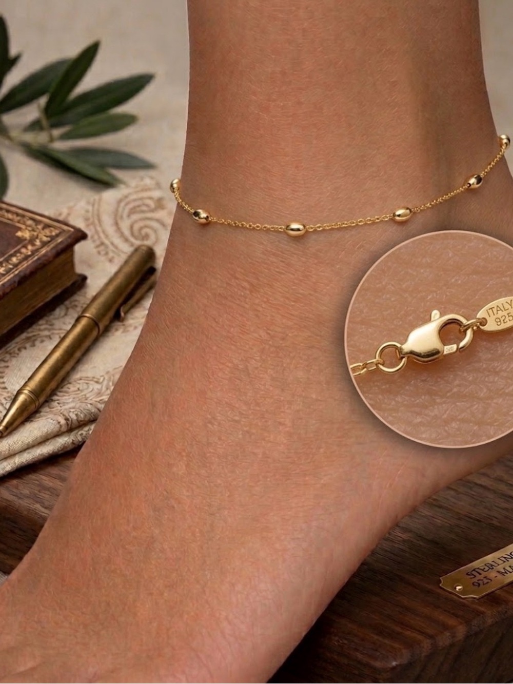 Gold Vermeil 925 Sterling Silver Beaded Station Anklet – Made in Italy